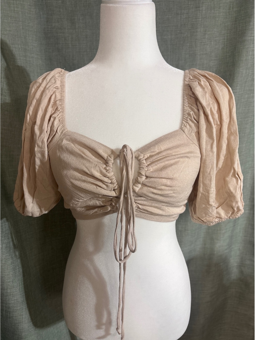 Wild Fable Beige Puff Sleeve Crop Top with Front Tie